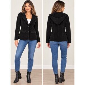 Charlie B Women’s XS Black Corduroy Hooded Blazer Jacket Stretch 2 Button